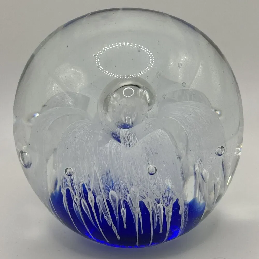Pier 1 Art Glass Cobalt Blue Clear Paperweight White Flower Controlled Bubbles